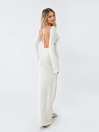 Women's Knitted Backless Bodycon Dress with Ruffle Trim