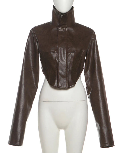 Women's Cropped Turtleneck PU Jacket with Zipper and Button Details