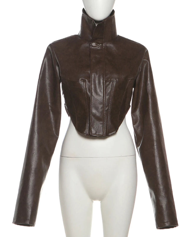 Women's Cropped Turtleneck PU Jacket with Zipper and Button Details