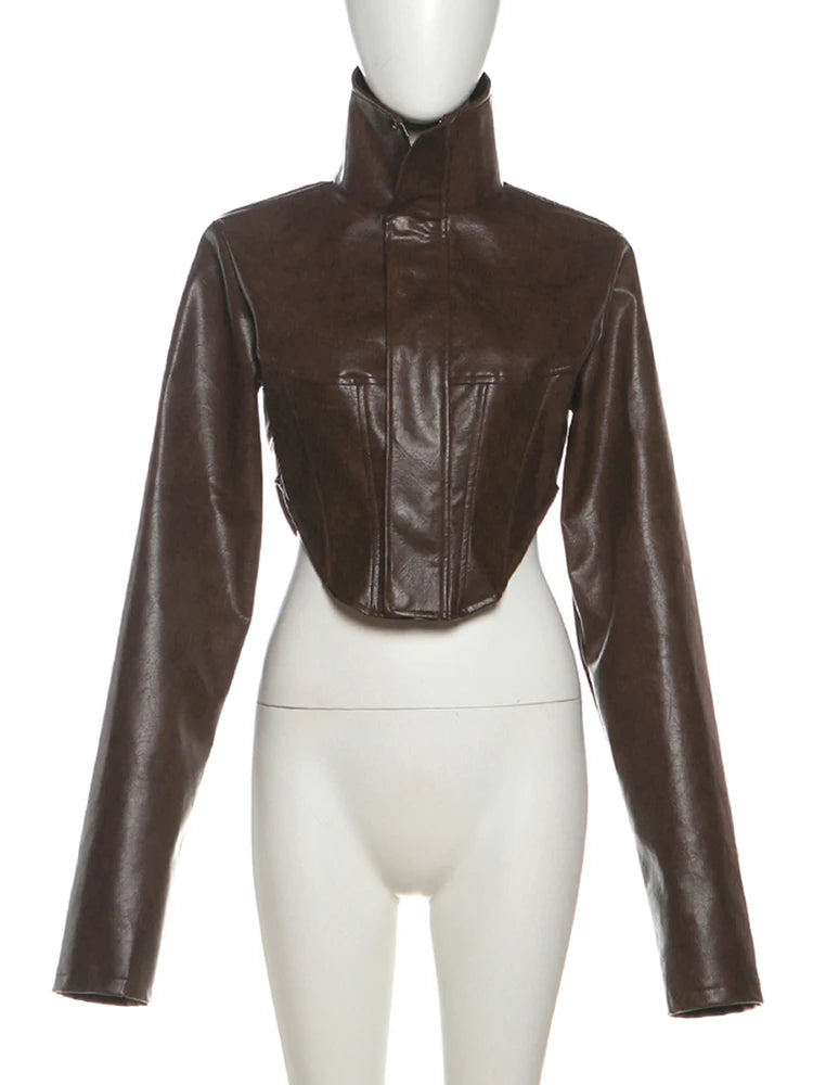 Women's Cropped Turtleneck PU Jacket with Zipper and Button Details