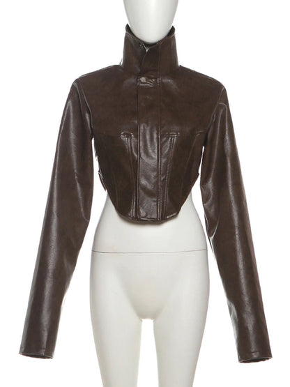 Women's Cropped Turtleneck PU Jacket with Zipper and Button Details