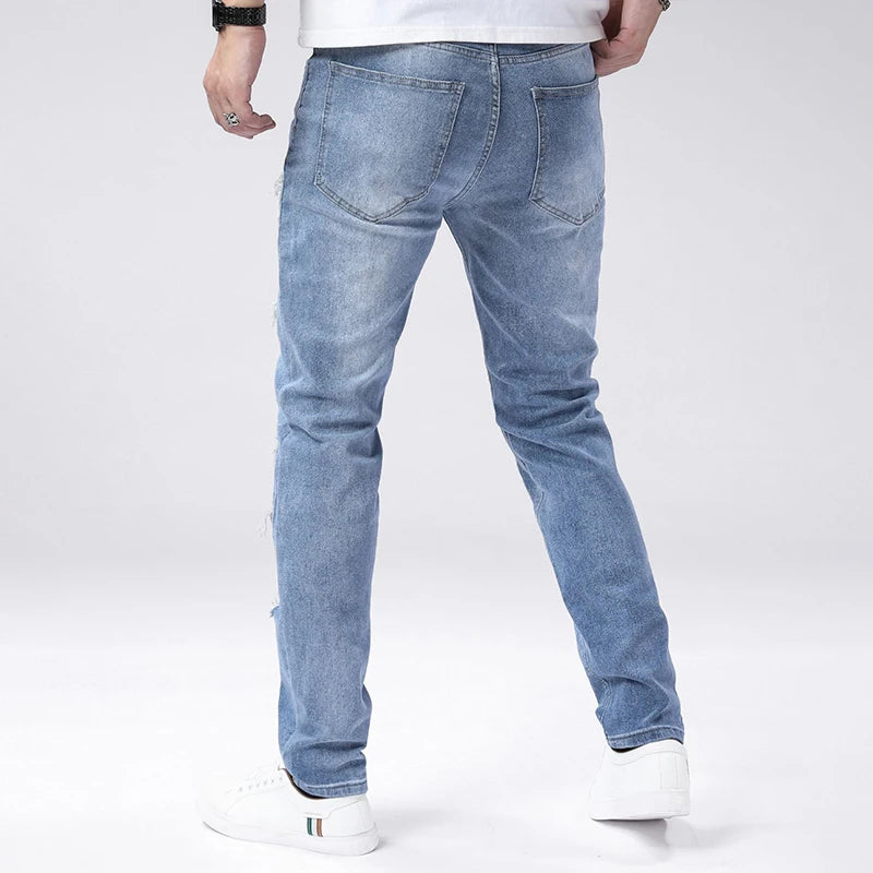 Men's Skinny Ripped Jeans with Medium Elasticity - Vintage Wash Denim Pants for Men