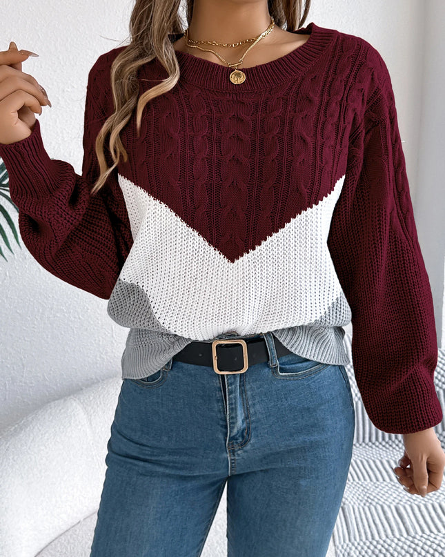 Multi-coloured Patchwork Long Sleeve Knitted Sweater for Women