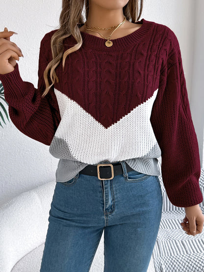 Multi-coloured Patchwork Long Sleeve Knitted Sweater for Women