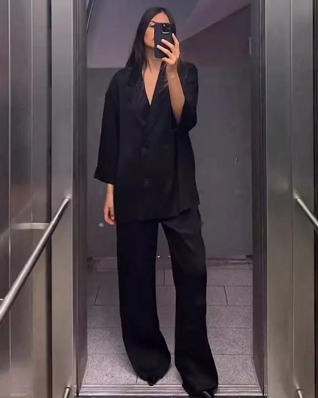 Women's 2-Piece Long Sleeve Double-Breasted Blazer + Wide Leg Trousers Set