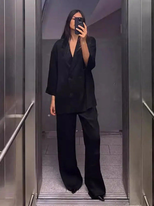 Women's 2-Piece Long Sleeve Double-Breasted Blazer + Wide Leg Trousers Set