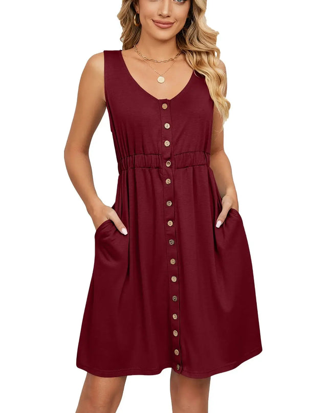 Women’s Sleeveless Button-Down Dress with Elastic Waist – Swing Style, Loose Fit