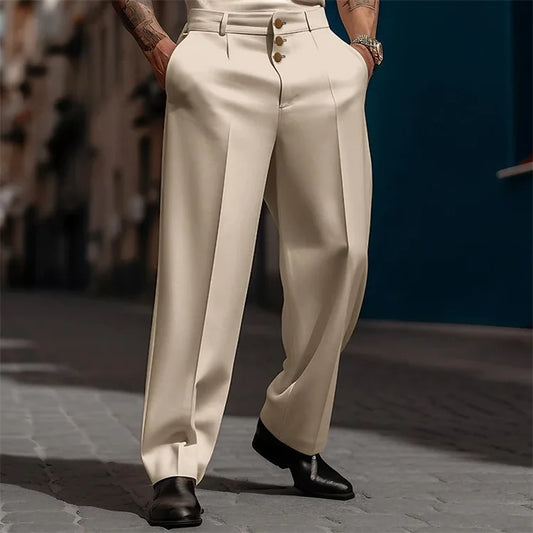 Men's Mid-Waist Loose Fit Straight Leg Trousers with Button Closure