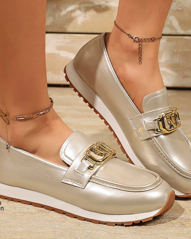Metal Buckle Faux Leather Women's Flat Heel Shoes