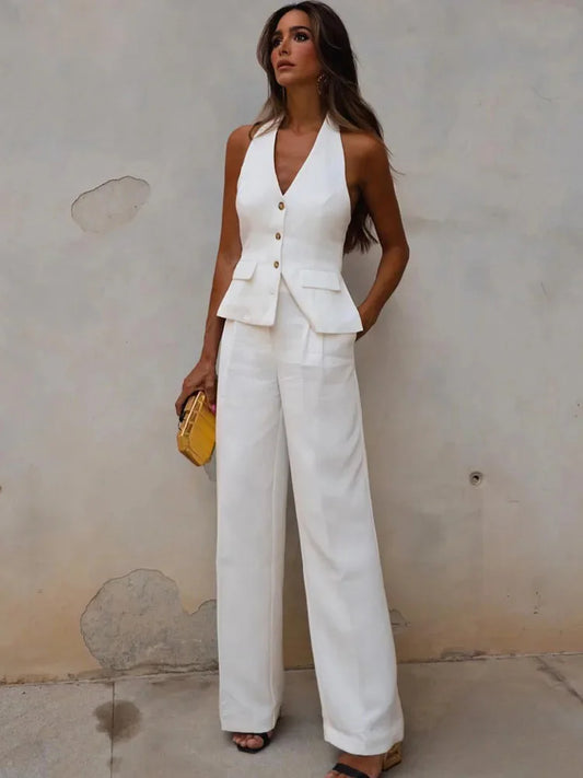 Women's Halter Neck Sleeveless Vest Top & Wide-Leg Pants 2-Piece Set