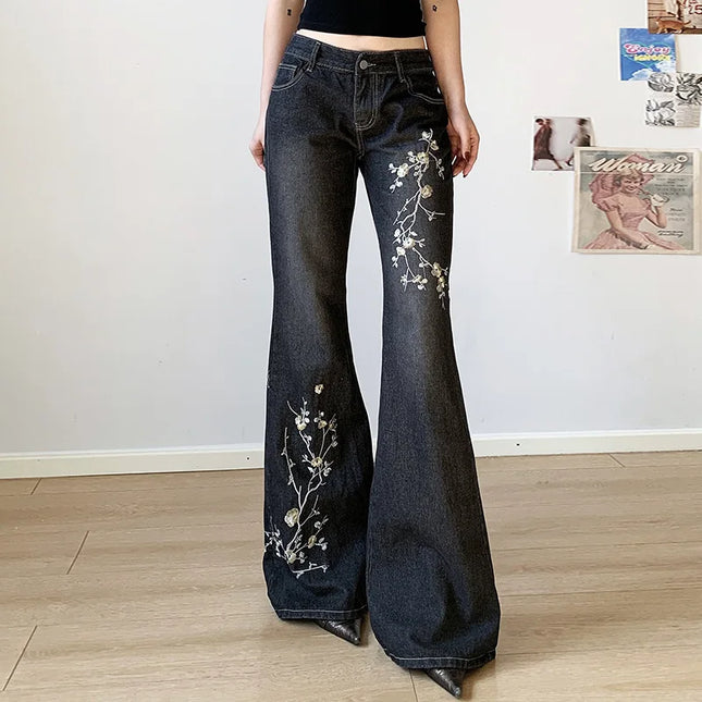 Women's Floral Embroidered Flared Jeans with Low Rise