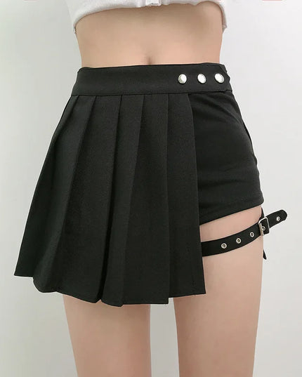 Pleated Gothic Half Skirts for Women - Asymmetrical Plaid High-Waisted