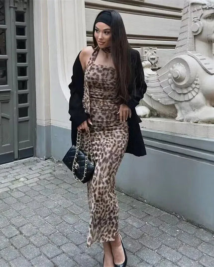 2-Piece Leopard Print Tulle Crop Top Set for Women - Ruched Off-Shoulder Bandeau & Sleeveless Backless Design
