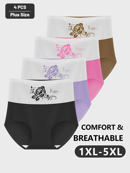 Women's 4-Piece Large Size High Waist Tummy Control Triangle Underwear with Floral Print