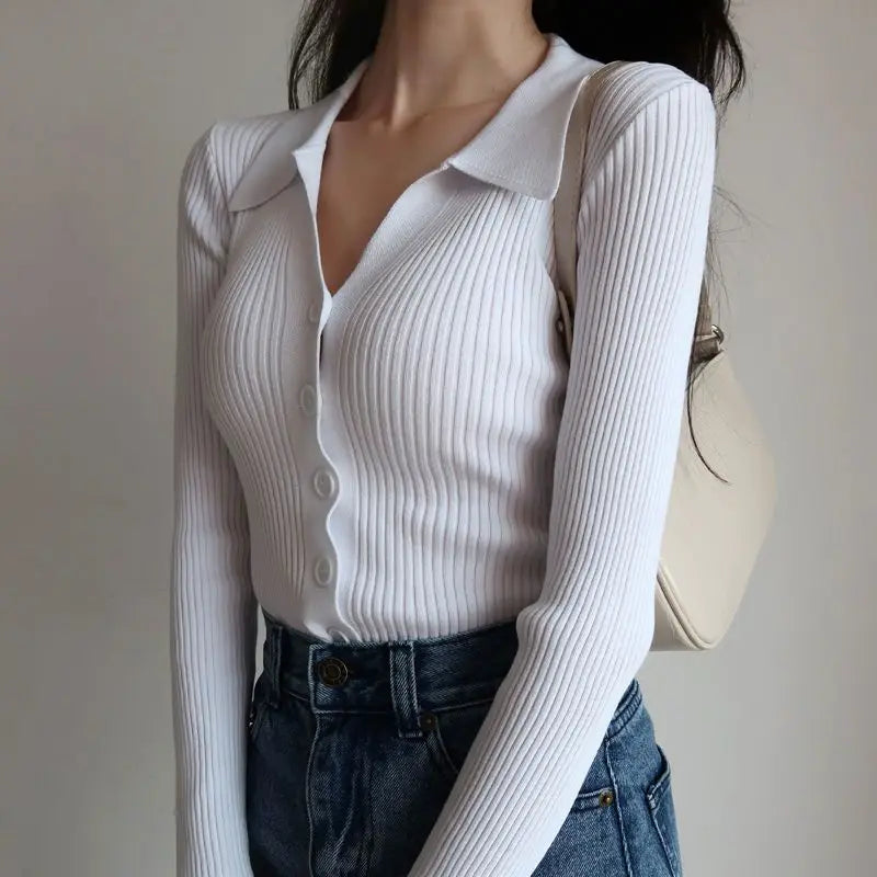 Women's Turn-Down Collar Knit Sweater with V-Neck, Slim Fit, Button-Down Design