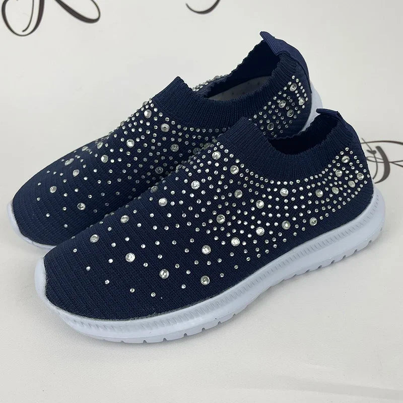 Women's Rhinestone Glitter Mesh Slip On Sneakers