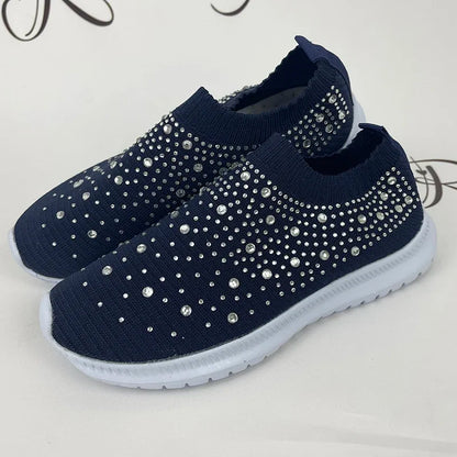 Women's Rhinestone Glitter Mesh Slip On Sneakers