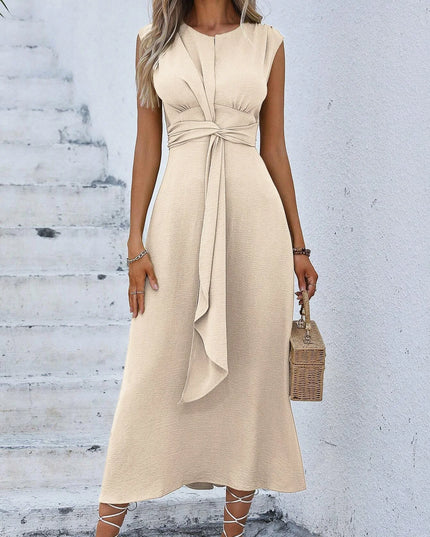 Women's Elegant Belted Midi Dress with Thin Front Straps