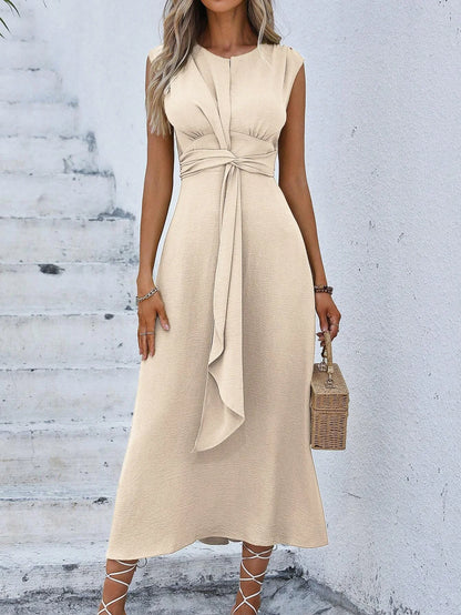 Women's Elegant Belted Midi Dress with Thin Front Straps