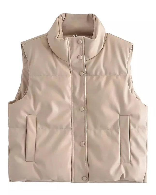 Beige vest with button details on a white background