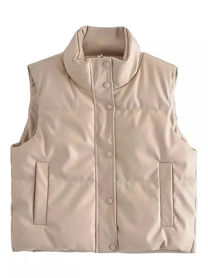 Beige vest with button details on a white background