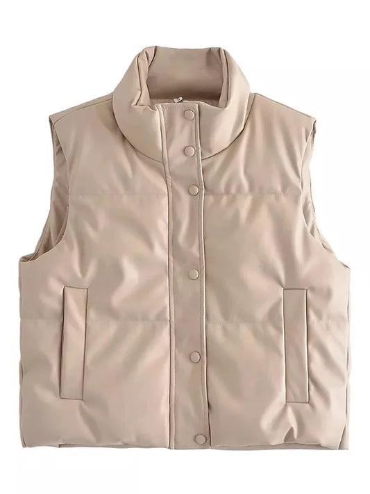 Beige vest with button details on a white background