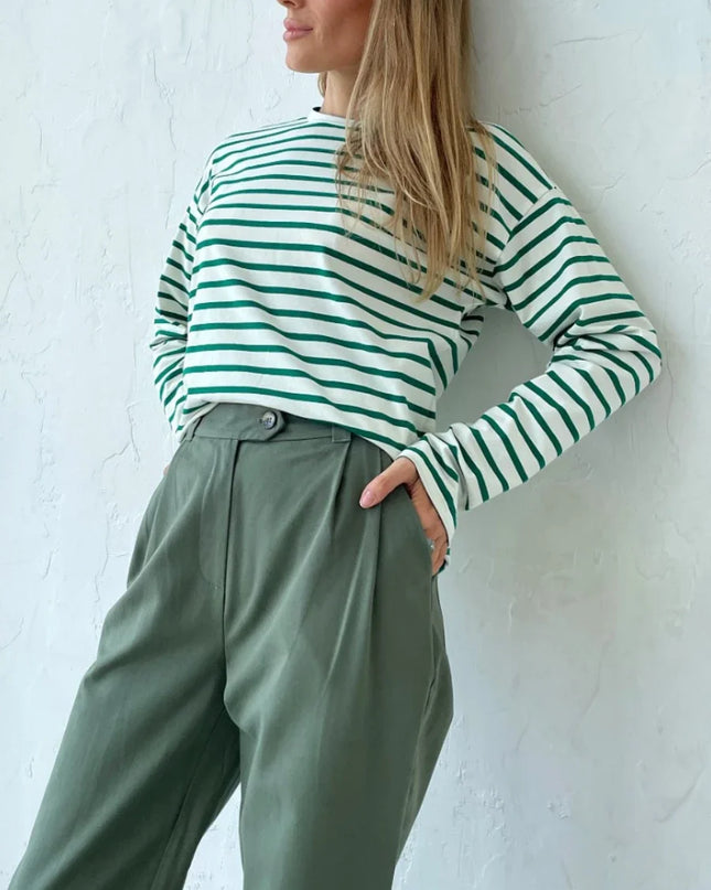 Women's Knitted Stripe Sweater - Loose Fit, Long Sleeve - Various Colors