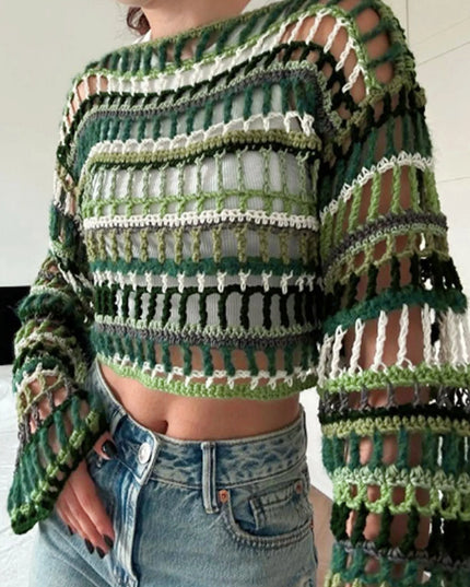 Hollow Long Sleeve Sweater for Women - Stylish Horizontal Striped Knit Top