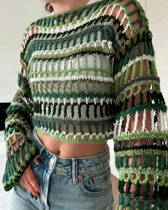 Hollow Long Sleeve Sweater for Women - Stylish Horizontal Striped Knit Top