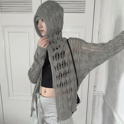 Vintage Hollow Loose Fit Zipper Long-Sleeved Cardigan for Women