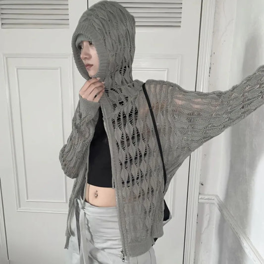 Vintage Hollow Loose Fit Zipper Long-Sleeved Cardigan for Women