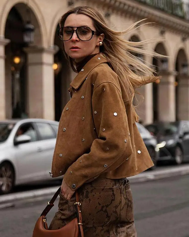 Stylish Women’s Faux Suede Rivet Lapel Zipper Jacket