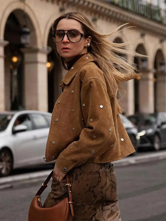 Stylish Women’s Faux Suede Rivet Lapel Zipper Jacket