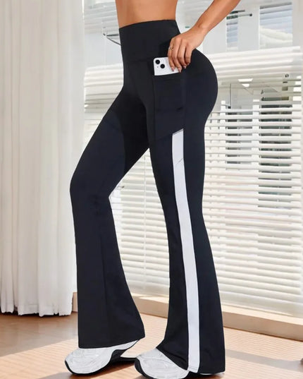 Slim-Fit Women's Flared Leggings, High-Waisted and Hip-Lifting with Pockets and Side Stripe