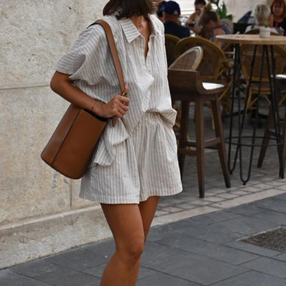 Stylish Women's Two-Piece Set - Striped Shirt & Lace-Up Shorts