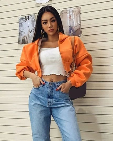 Women's Cropped Zip-Up Hoodie Jacket - Vintage Style with Pockets