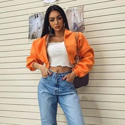 Women's Cropped Zip-Up Hoodie Jacket - Vintage Style with Pockets