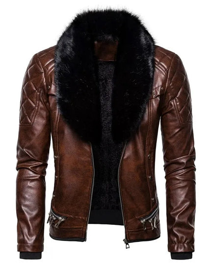 Men's Removable Collar Slim Fit Warm Faux Leather Jacket