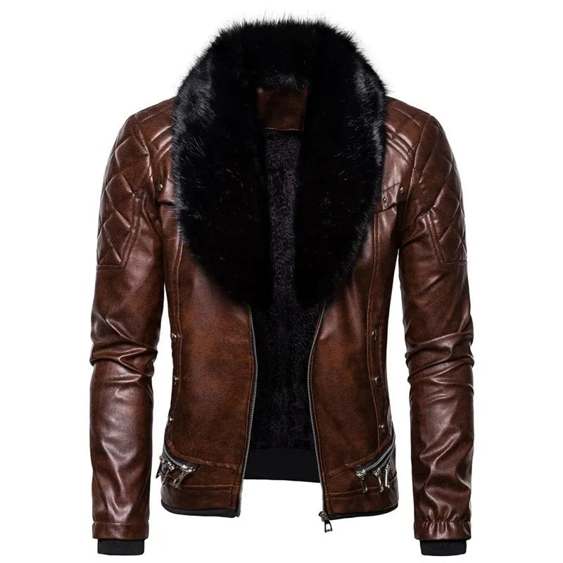 Men's Removable Collar Slim Fit Warm Faux Leather Jacket