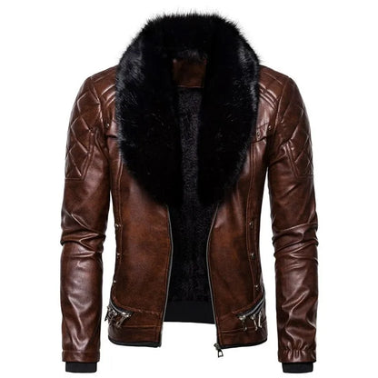 Men's Removable Collar Slim Fit Warm Faux Leather Jacket