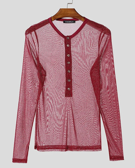 Men's Slim Fit Transparent Mesh Long Sleeve Henley Sweater