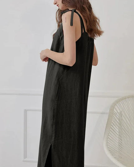 Linen Women's Dress - Elegant Split Midi Dress for Women