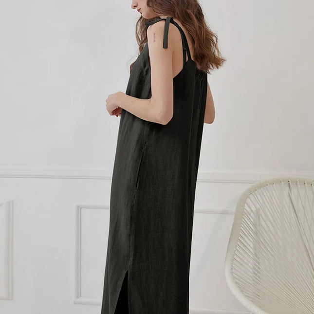 Linen Women's Dress - Elegant Split Midi Dress for Women