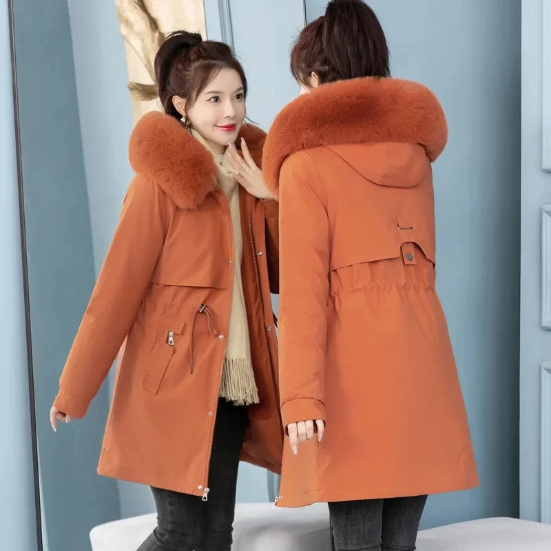 Women's Long Hooded Parka Coat with Wool Lining and Fur Collar - Various Colors