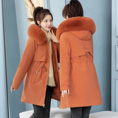 Women's Long Hooded Parka Coat with Wool Lining and Fur Collar - Various Colors