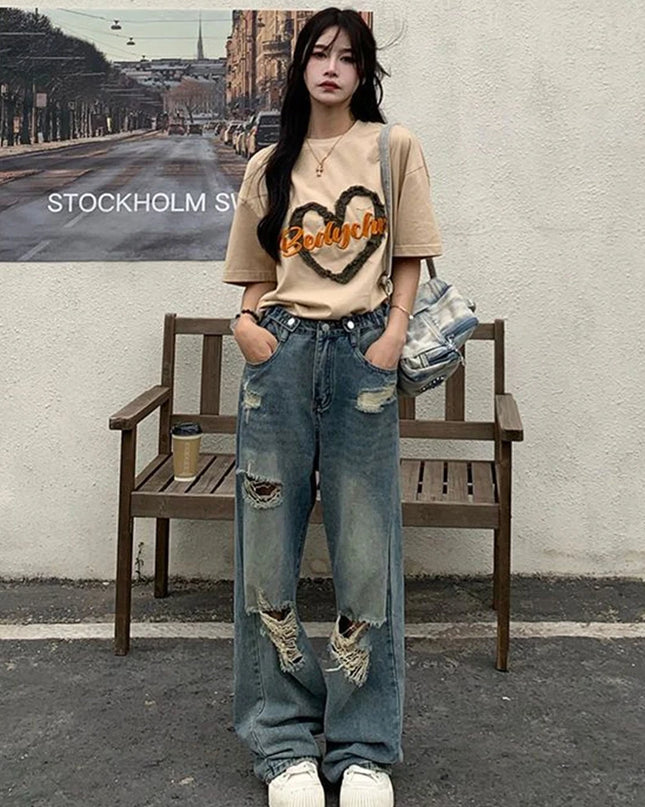Women's Retro High-Waisted Loose Straight-Leg Jeans with Hole Punched Design