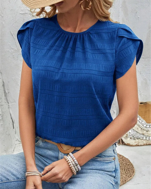 Women's Short Sleeve Loose Fit Round Neck Petal Sleeve Blouse