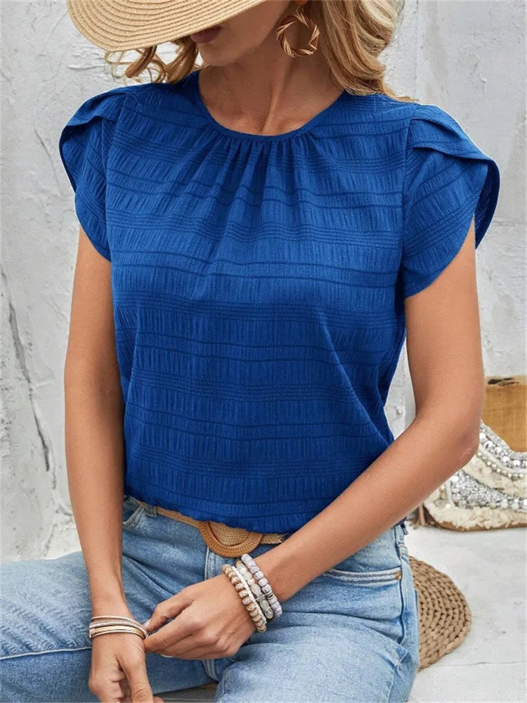 Women's Short Sleeve Loose Fit Round Neck Petal Sleeve Blouse