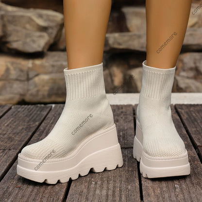 Women's Wedge High Heels - Breathable Weaving Elastic Short Boots with Thick Sole