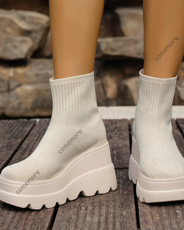 Women's Wedge High Heels - Breathable Weaving Elastic Short Boots with Thick Sole